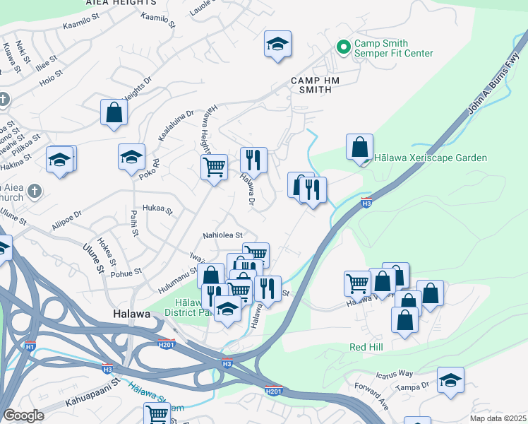 map of restaurants, bars, coffee shops, grocery stores, and more near 99-742 Malae Place in Aiea