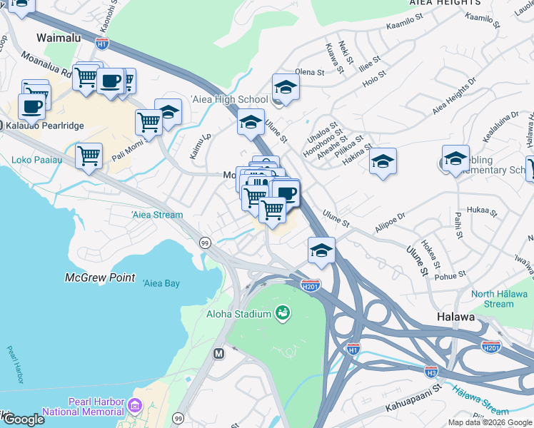 map of restaurants, bars, coffee shops, grocery stores, and more near in Aiea