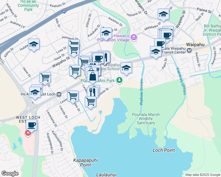 map of restaurants, bars, coffee shops, grocery stores, and more near 94-321 Pupuole Street in Waipahu