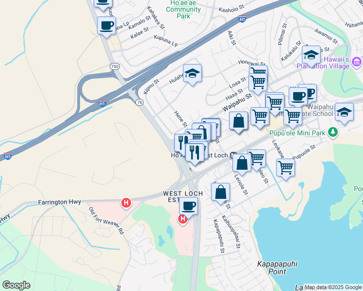 map of restaurants, bars, coffee shops, grocery stores, and more near 94-11 Waipahu Street in Waipahu