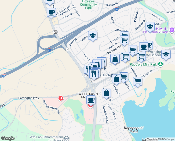 map of restaurants, bars, coffee shops, grocery stores, and more near 94-318 Kipou Street in Waipahu