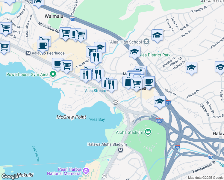 map of restaurants, bars, coffee shops, grocery stores, and more near 99-24 Nalopaka Place in Aiea