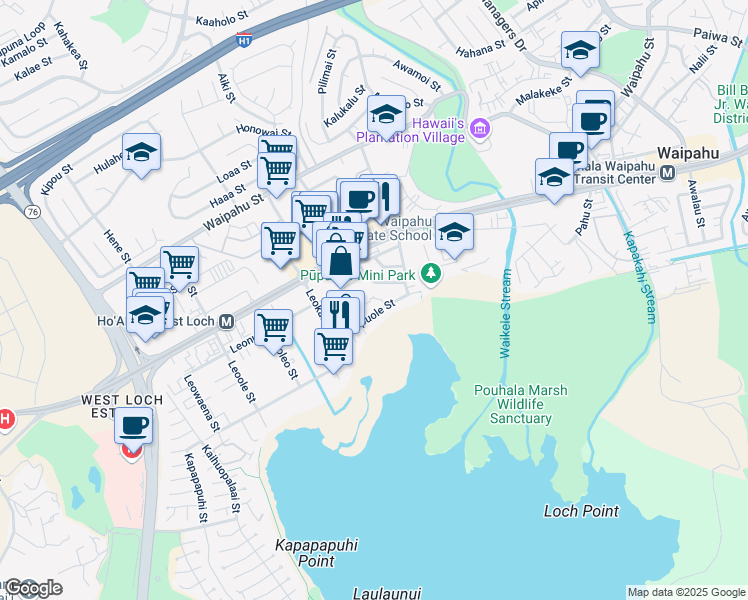 map of restaurants, bars, coffee shops, grocery stores, and more near 94-114 Pupukahi Street in Waipahu