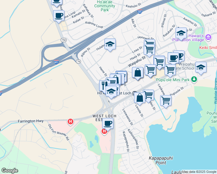 map of restaurants, bars, coffee shops, grocery stores, and more near 94-49 Waipahu Street in Waipahu