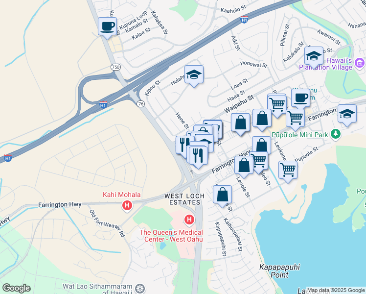 map of restaurants, bars, coffee shops, grocery stores, and more near 94-011 Waipahu Street in Waipahu