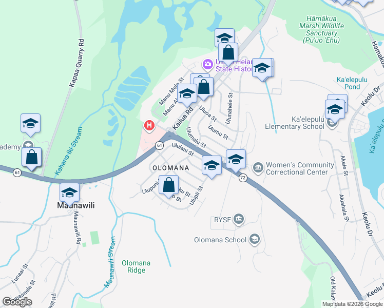 map of restaurants, bars, coffee shops, grocery stores, and more near Ululani Street in Kailua