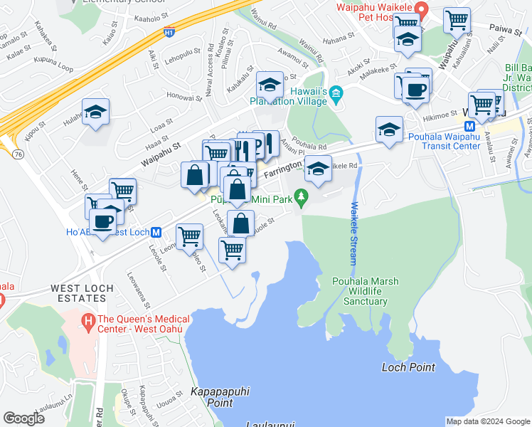 map of restaurants, bars, coffee shops, grocery stores, and more near 94-114 Pupukahi Street in Waipahu