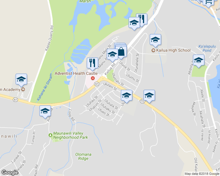 map of restaurants, bars, coffee shops, grocery stores, and more near 622 Ululani Street in Kailua