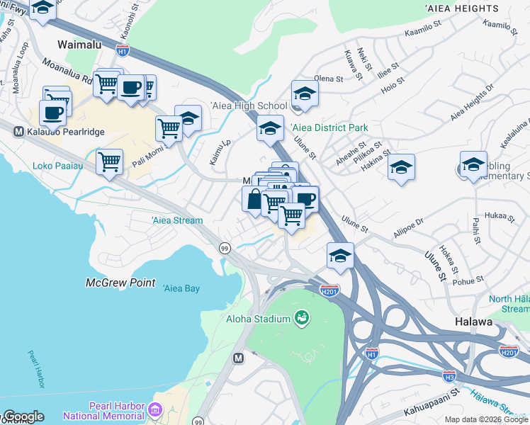 map of restaurants, bars, coffee shops, grocery stores, and more near 104 Kauhale Street in Aiea