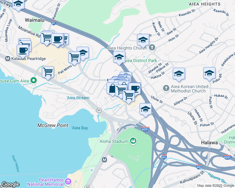 map of restaurants, bars, coffee shops, grocery stores, and more near 99-60 Kauhale Street in Aiea