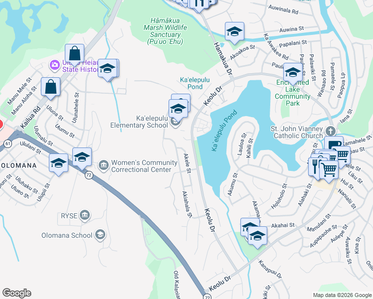 map of restaurants, bars, coffee shops, grocery stores, and more near 1258 Akele Street in Kailua