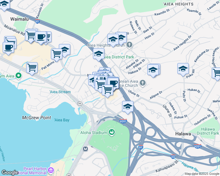 map of restaurants, bars, coffee shops, grocery stores, and more near in Aiea