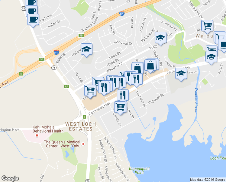 map of restaurants, bars, coffee shops, grocery stores, and more near 94 Farrington Highway in Waipahu