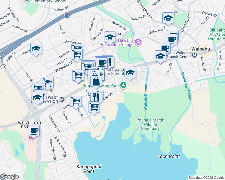 map of restaurants, bars, coffee shops, grocery stores, and more near 94-114 Pupukahi Street in Waipahu