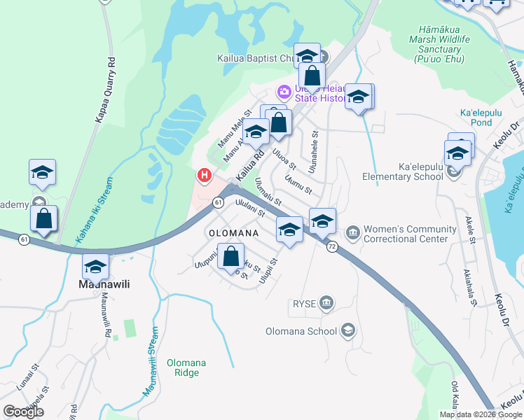 map of restaurants, bars, coffee shops, grocery stores, and more near 605 Ululani Street in Kailua