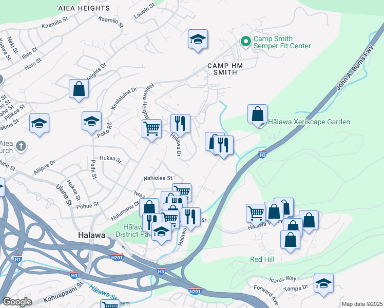 map of restaurants, bars, coffee shops, grocery stores, and more near 99-742 Malae Place in Aiea