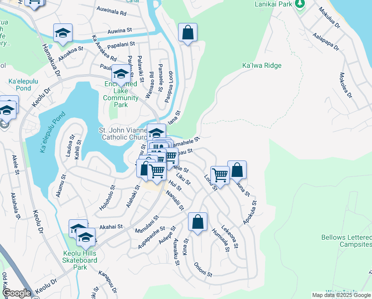 map of restaurants, bars, coffee shops, grocery stores, and more near 1068 Kupau Street in Kailua