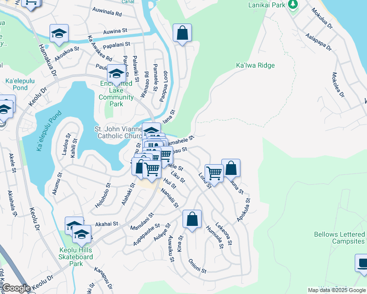 map of restaurants, bars, coffee shops, grocery stores, and more near 1068 Kupau Street in Kailua