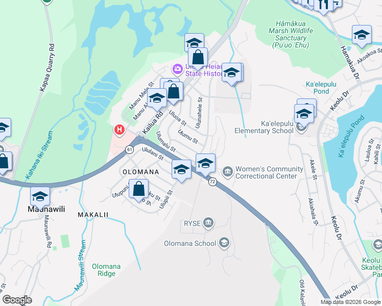map of restaurants, bars, coffee shops, grocery stores, and more near 525 Ulumalu Street in Kailua