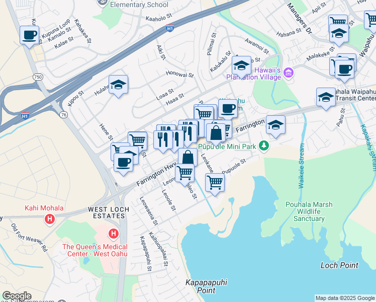 map of restaurants, bars, coffee shops, grocery stores, and more near 94216 Farrington Highway in Waipahu