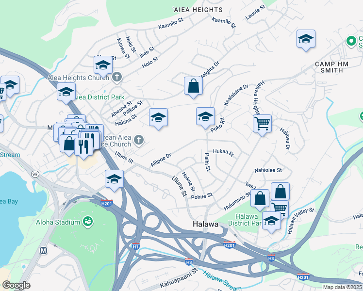 map of restaurants, bars, coffee shops, grocery stores, and more near 99-618 Aliipoe Drive in Aiea