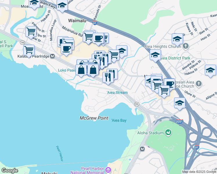 map of restaurants, bars, coffee shops, grocery stores, and more near 98-273 Aiea Kai Place in Aiea