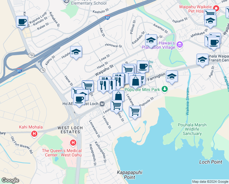 map of restaurants, bars, coffee shops, grocery stores, and more near 94216 Farrington Highway in Waipahu