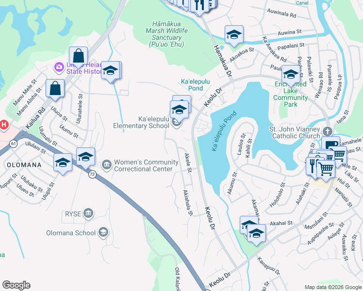 map of restaurants, bars, coffee shops, grocery stores, and more near 1258 Akele Street in Kailua