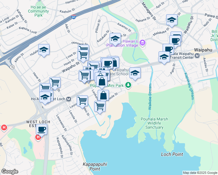 map of restaurants, bars, coffee shops, grocery stores, and more near 94-321 Leonui Street in Waipahu