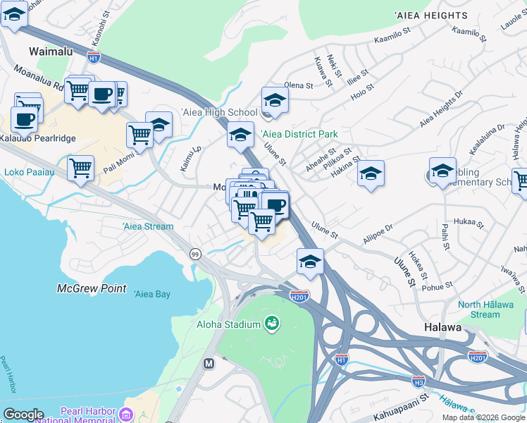 map of restaurants, bars, coffee shops, grocery stores, and more near 99-128 Aiea Heights Drive in Aiea