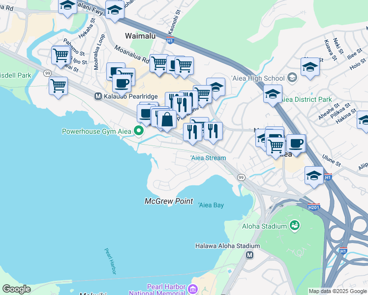 map of restaurants, bars, coffee shops, grocery stores, and more near 98-273 Aiea Kai Place in Aiea
