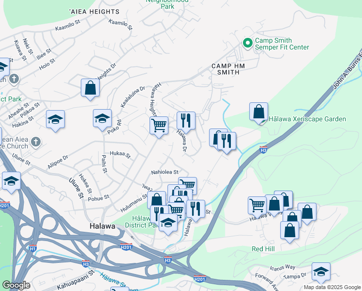 map of restaurants, bars, coffee shops, grocery stores, and more near 99-723 Halawa Drive in Aiea
