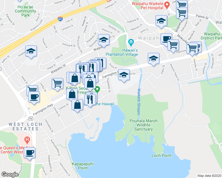 map of restaurants, bars, coffee shops, grocery stores, and more near 94-334 Pupuole Street in Waipahu