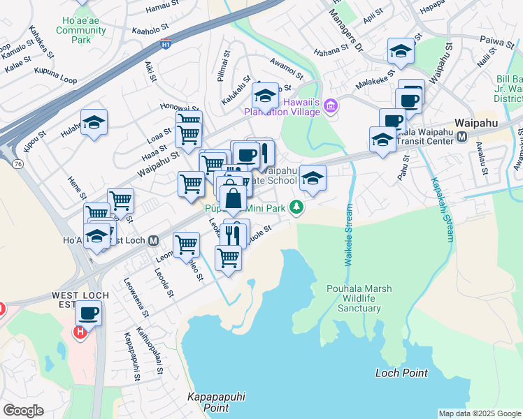 map of restaurants, bars, coffee shops, grocery stores, and more near 94-114 Pupukahi Street in Waipahu
