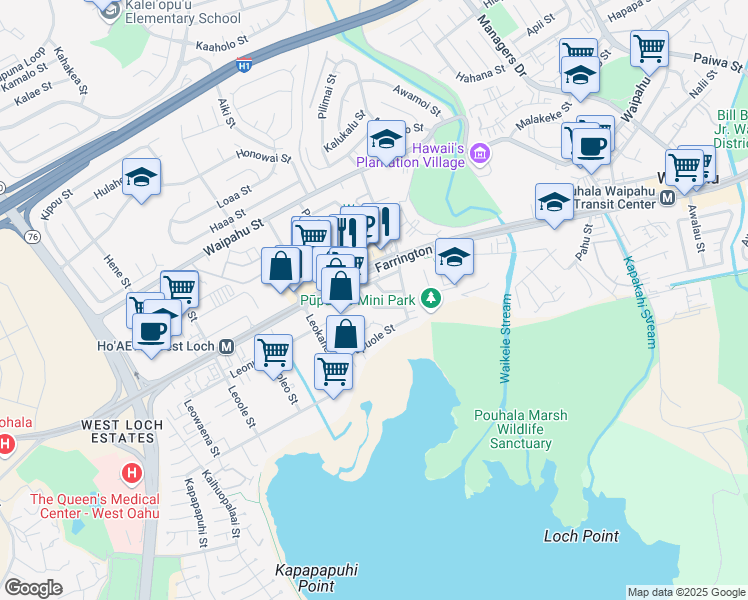 map of restaurants, bars, coffee shops, grocery stores, and more near 94-114 Pupukahi Street in Waipahu