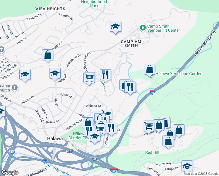 map of restaurants, bars, coffee shops, grocery stores, and more near 99-716 Malae Place in Aiea