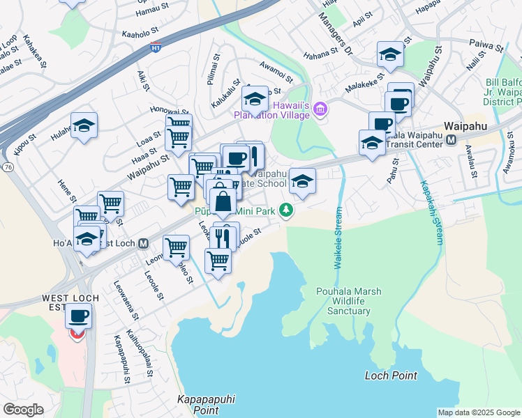 map of restaurants, bars, coffee shops, grocery stores, and more near 94-114 Pupukahi Street in Waipahu