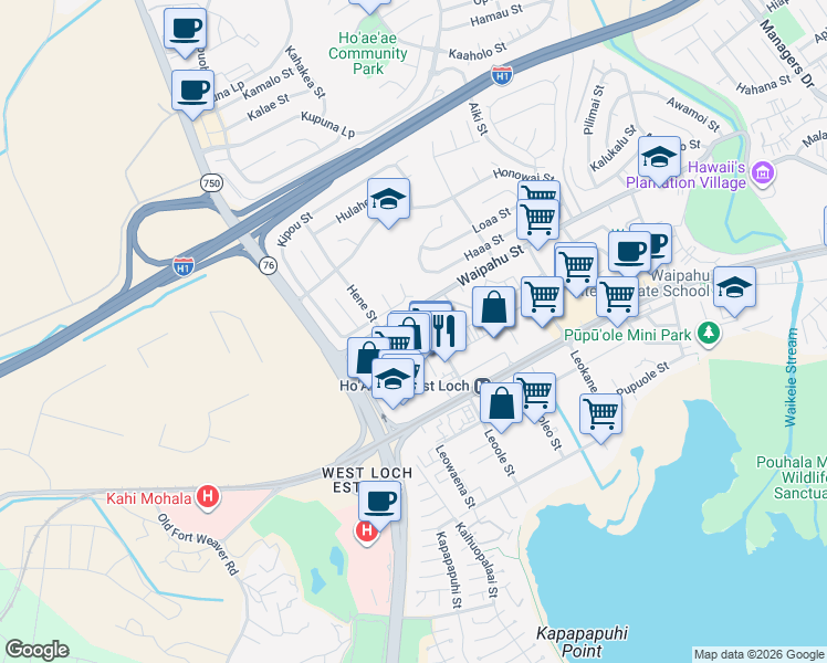 map of restaurants, bars, coffee shops, grocery stores, and more near in Waipahu
