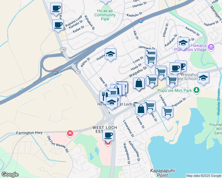 map of restaurants, bars, coffee shops, grocery stores, and more near 94-49 Waipahu Street in Waipahu
