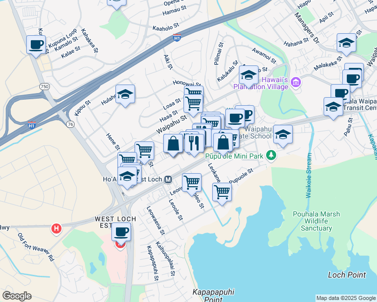 map of restaurants, bars, coffee shops, grocery stores, and more near 94-230 Leokane Street in Waipahu