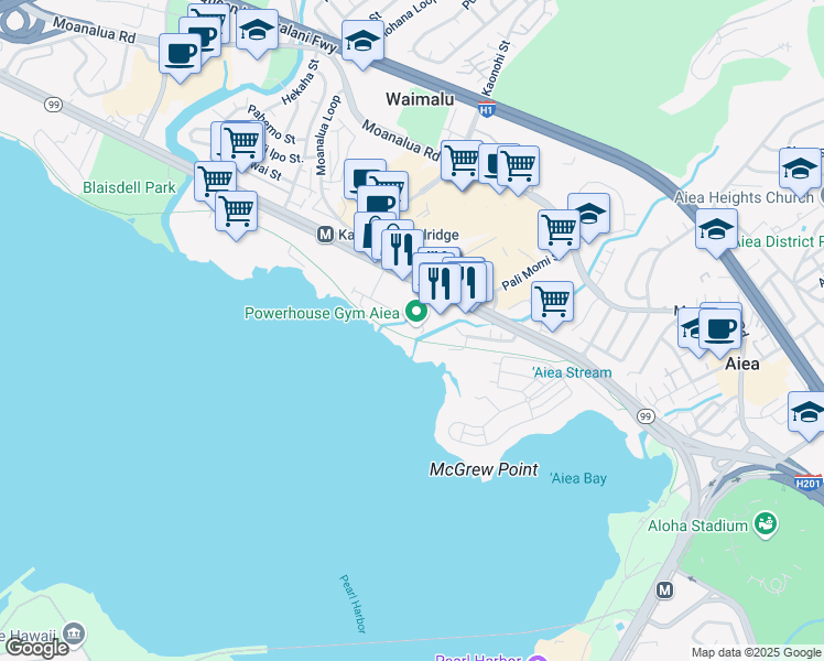 map of restaurants, bars, coffee shops, grocery stores, and more near 608 Lipoa Place in Aiea