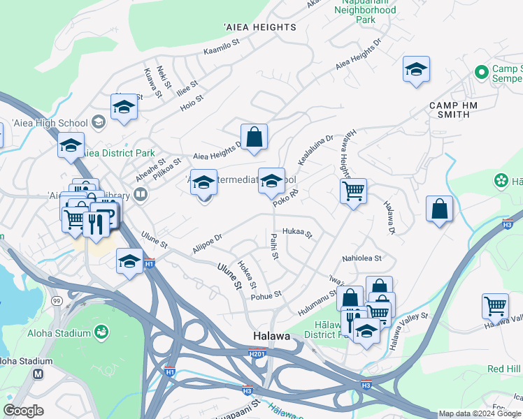 map of restaurants, bars, coffee shops, grocery stores, and more near 99-373 Paihi Street in Aiea