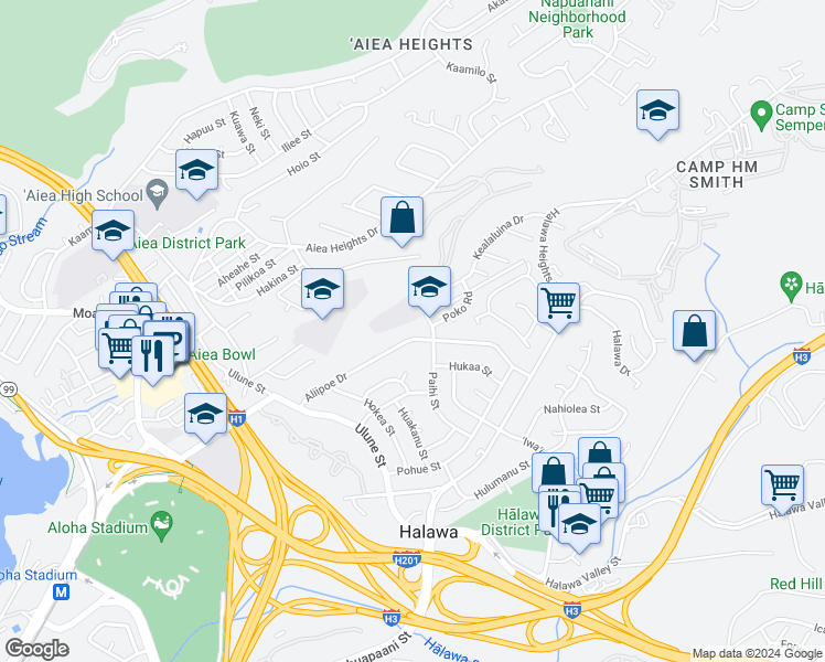 map of restaurants, bars, coffee shops, grocery stores, and more near 99-373 Paihi Street in Aiea