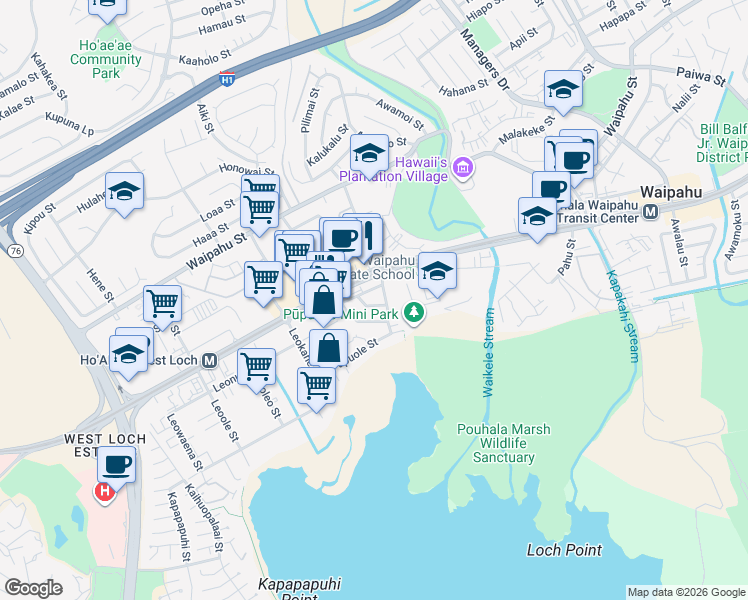 map of restaurants, bars, coffee shops, grocery stores, and more near 94-350 Pupumomi Street in Waipahu