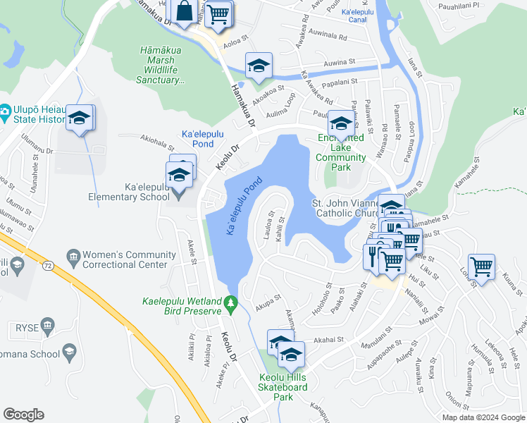 map of restaurants, bars, coffee shops, grocery stores, and more near 1230 Kahili Street in Kailua