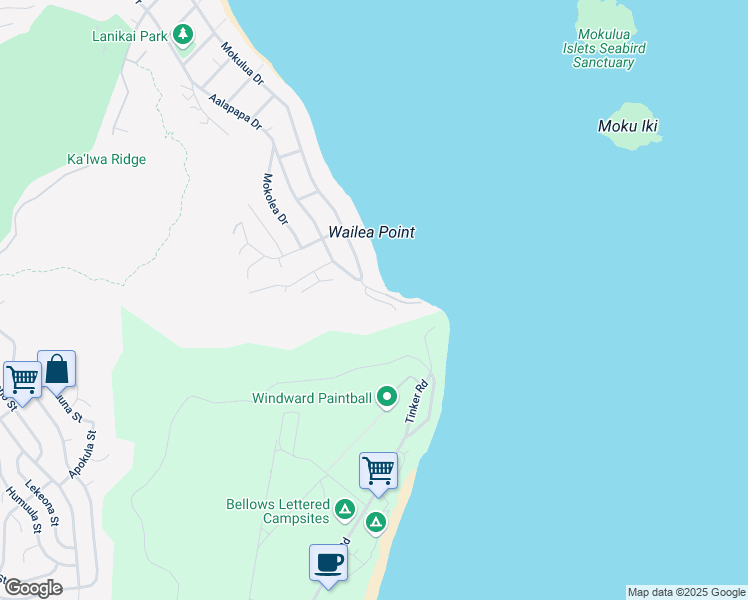 map of restaurants, bars, coffee shops, grocery stores, and more near 1600 Mokulua Drive in Kailua