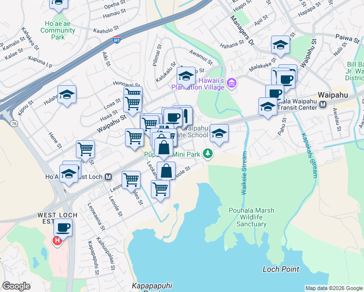 map of restaurants, bars, coffee shops, grocery stores, and more near 94-350 Pupumomi Street in Waipahu