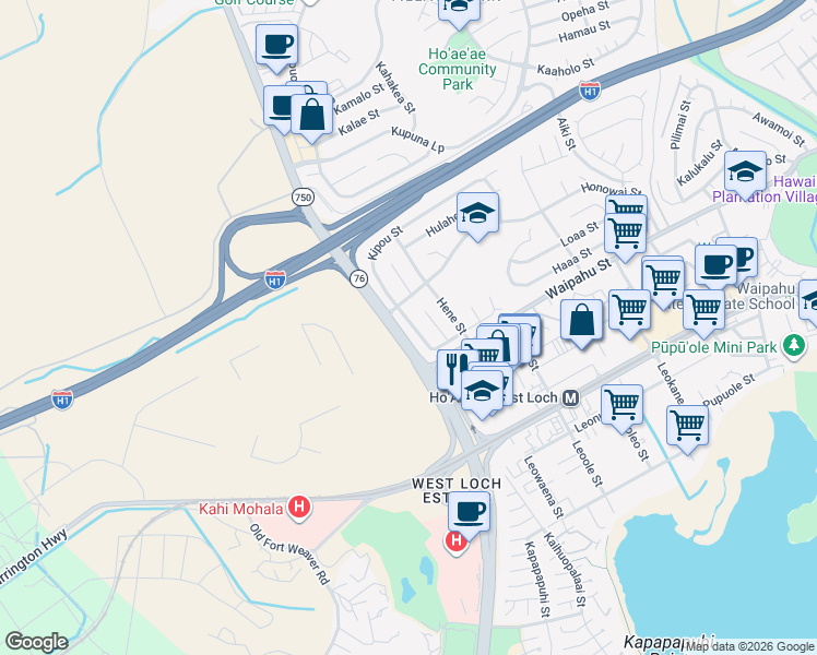 map of restaurants, bars, coffee shops, grocery stores, and more near 94-384 Kipou Street in Waipahu