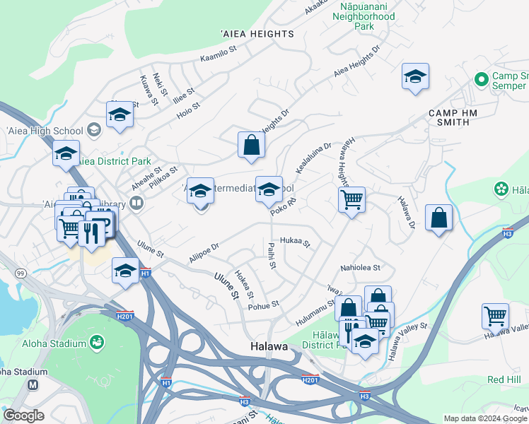 map of restaurants, bars, coffee shops, grocery stores, and more near 99-373 Paihi Street in Aiea