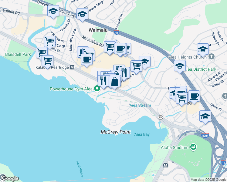 map of restaurants, bars, coffee shops, grocery stores, and more near 98180 Hawaii 99 in Aiea